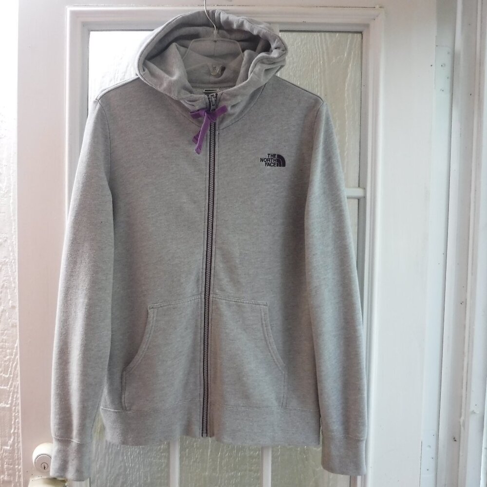 The North Face Gray Color Zip Up Long Sleeve Purple Logo on Hoodie Sweatshirt